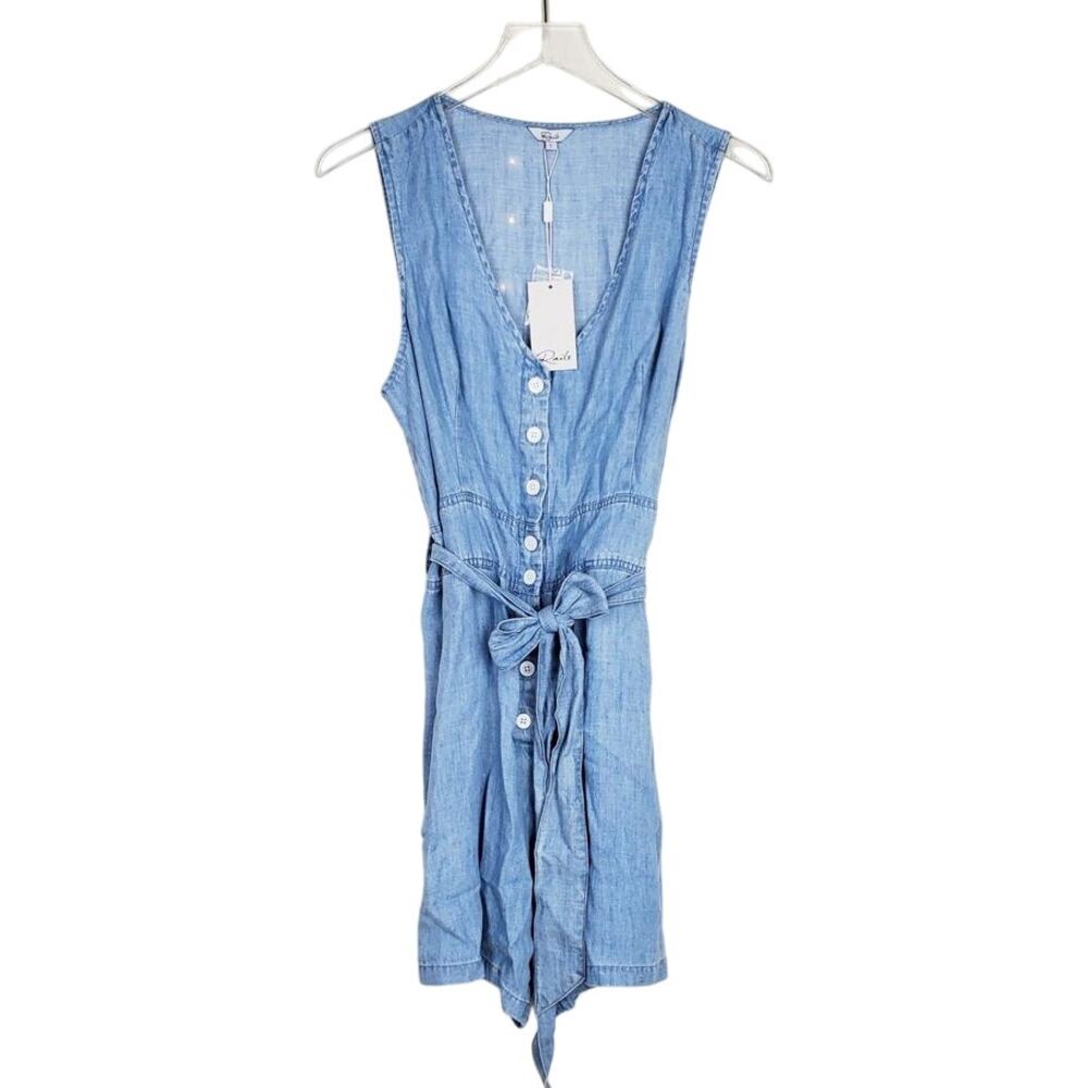 Rails Scarlett Chambray Button Front Belted Linen Romper Large NWT Vintage Blue